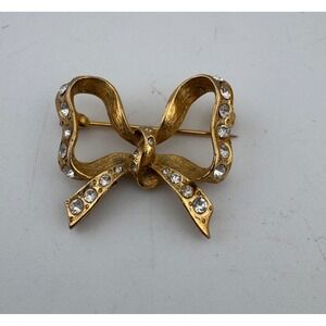 Lia Gold Tone Bow Brooch Pin Rhinestones Sparkling Elegant